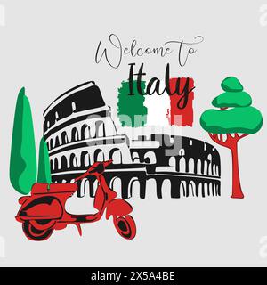 Bienvenue en Italie. Colisée et vespa est un symbole de l'Italie. Vue de Rome, isolée sur fond blanc. Invitation à voyager en Italie, Rome. Vecteur i Illustration de Vecteur