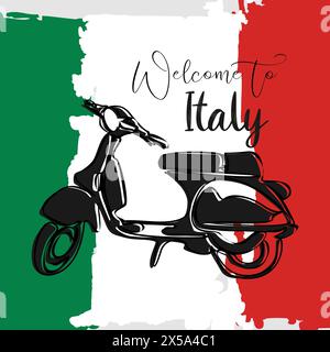 Bienvenue en Italie. Drapeau national et vespa est un symbole de l'Italie. Vue de Rome, isolée sur fond blanc. Invitation à voyager en Italie, Rome. Vect Illustration de Vecteur