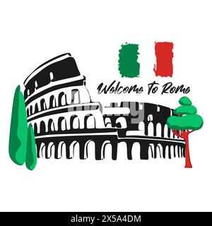 Bienvenue en Italie. Le Colisée est un symbole de l'Italie. Vue de Rome, isolée sur fond blanc. Invitation à voyager en Italie, Rome. Illustration vectorielle Illustration de Vecteur