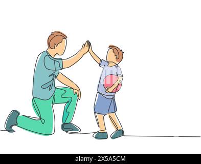 Un dessin de ligne de jeune père heureux ardent son corps pour donner cinq gestes élevés à son garçon et donner cinq gestes élevés. Concept de soins familiaux pour les parents. Illustration de Vecteur