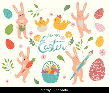 Ensemble d'éléments de Pâques. Oeufs, poulet, lapins, fleurs, branches, panier. Parfait pour la décoration de vacances et les cartes de vœux de printemps. Vecteur plat illus Illustration de Vecteur