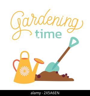 Temps de jardinage. Outils de jardin, arrosoir et pelles. Concept de jardinage de printemps. Illustration vectorielle sur fond blanc pour affiche, icône, carte, logo Illustration de Vecteur