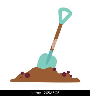 Pelle en tas de sol sur fond blanc. Icône travail simple. Signe « pelle dans la terre ». style plat. Illustration colorée, concept de jardinage. Dessin animé desi Illustration de Vecteur