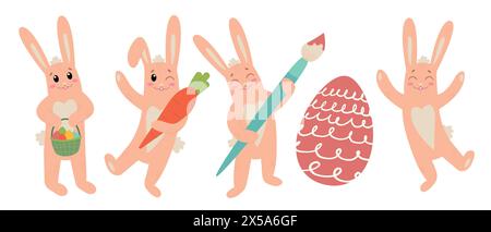 Lapin de Pâques lapins personnages de dessins animés isolés sur fond blanc. Design de Pâques tendance. Illustration vectorielle plate pour affiche, icône, carte, logo, laboratoire Illustration de Vecteur