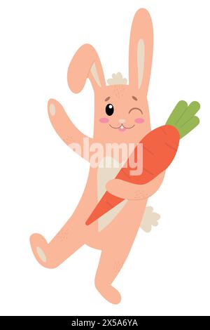 Personnage de dessin animé lapin de Pâques tenant une grande carotte isolée sur fond blanc. Design de Pâques tendance. Illustration vectorielle plate pour affiche, icône Illustration de Vecteur