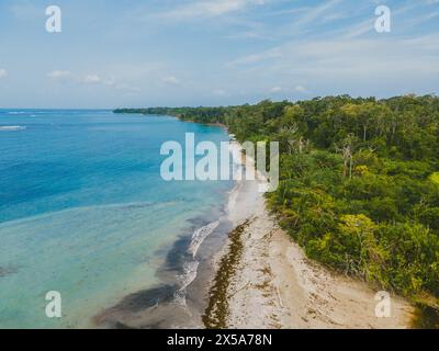 Vue aérienne d'une plage sereine avec des eaux bleues claires le long de la côte luxuriante du Costa Rica, accentuant la tranquillité tropicale Banque D'Images