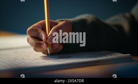 Gros plan authentique d'une jeune personne écrivant au crayon dans un cahier. Adolescent faisant ses devoirs pour l'école. Concept d'éducation. Banque D'Images