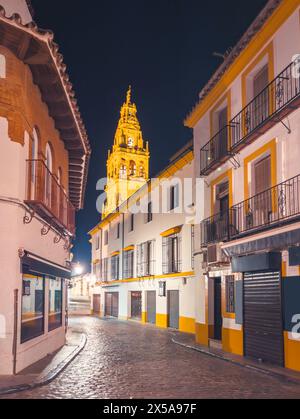 Une vue nocturne d'une rue de Cordoue, Espagne, avec une tour historique illuminée contre le ciel nocturne, flanquée de bâtiments traditionnels Banque D'Images