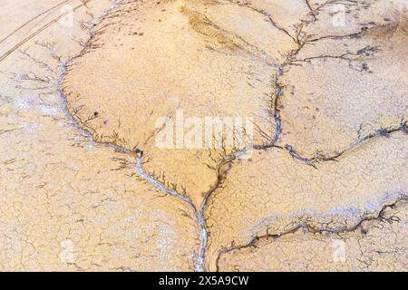 Prise de vue aérienne capturant des motifs complexes de terre sèche et fissurée dans le paysage désertique aride de l'Utah, mettant en valeur les textures naturelles et les couleurs subtiles Banque D'Images