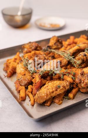 Une délicieuse portion d'ailes de poulet assaisonnées accompagnées de frites de patates douces aux herbes sur un plateau, parfait pour un repas copieux. Banque D'Images