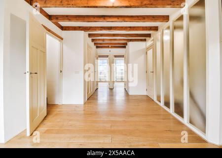 Couloir lumineux et aéré à l'intérieur d'une maison contemporaine, présentant des planchers en bois, des poutres apparentes au plafond et des placards intégrés. Banque D'Images