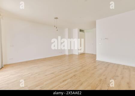 Un espace intérieur vide avec une pièce lumineuse avec du parquet naturel, des murs blancs et une esthétique minimaliste. Banque D'Images