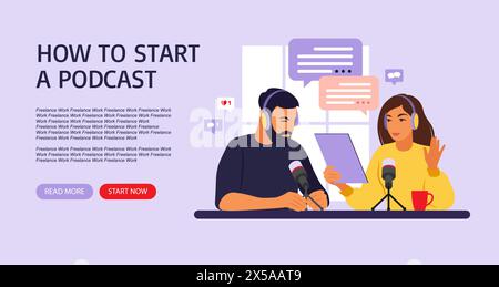 Modèle de page d'arrivée pour le Web. Personnes enregistrant un podcast dans l'illustration vectorielle plate de studio. Illustration de Vecteur