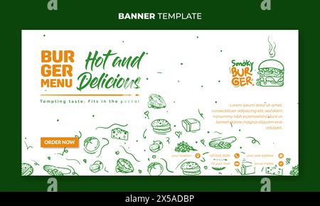 Conception de modèle de bannière en fond blanc avec dessiné à la main des ingrédients pour faire des hamburgers. Conception de modèle pour la publicité de nourriture de rue Illustration de Vecteur