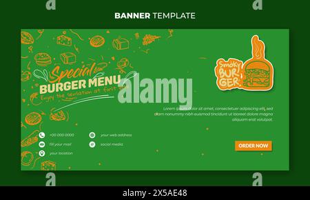 Modèle de bannière verte avec la main orange dessinée d'ingrédients de hamburger pour la publicité de hamburger et la conception de hamburger fumé Illustration de Vecteur