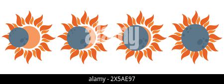 Éclipse solaire, éclipse solaire totale et partielle, plusieurs phases. Soleil et lune sont presque alignés sur la ligne droite. Élément de conception vectorielle pour le projet, ban Illustration de Vecteur