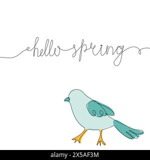 Une ligne de dessin typographie citer Hello Spring et oiseau. Phrase sur croquis linéaire noir minimaliste isolé sur fond blanc. Illustration vectorielle. Illustration de Vecteur