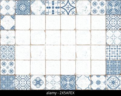 Carreaux de céramique de style azulejos avec coutures fissurées et éraflées dans un rapport latéral de cadre rectangulaire 3:4. Isolé sur fond blanc illustration aquarelle Banque D'Images