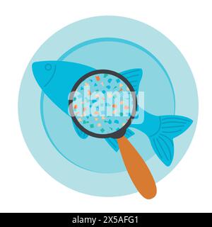 Pollution plastique, problème microplastique. Le microplastique dans les aliments. Affiche écologique. Poisson avec des micro morceaux de plastique sur l'assiette. Illustration vectorielle isoler Illustration de Vecteur