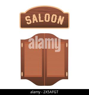 Saloon signe et portes en bois vintage, concept esthétique de cow-boy. Ouest sauvage, style campagnard. Illustration vectorielle plate isolée sur fond blanc. Eleme Illustration de Vecteur