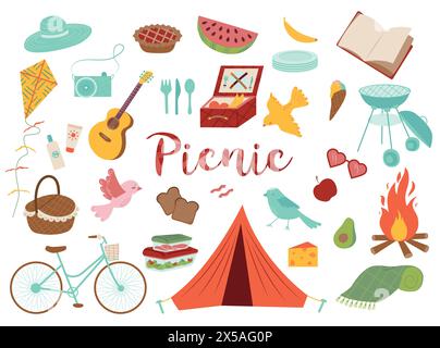 Illustrations d'ensemble de pique-nique d'été. Délicieux en-cas. Légumes et fruits frais. Équipement et forfaits avec épicerie pour pique-nique. Vecteur de nourriture et de boissons Illustration de Vecteur