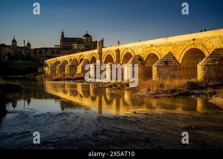Le pont romain de Cordoue est baigné par la lumière dorée du coucher du soleil, projetant des reflets sur le fleuve Guadalquivir. Banque D'Images