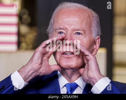 Sturtevant, États-Unis. 08 mai 2024. Le président Joe Biden prend la parole au Gateway Technical College de Sturtevant, Wisconsin, le mercredi 8 mai 2024. Biden a annoncé que Microsoft prévoit d'investir 3,3 milliards de dollars pour créer un centre d'intelligence artificielle à proximité de racine, Wisconsin. Photo de Tannen Maury/UPI crédit : UPI/Alamy Live News Banque D'Images