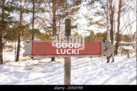 Symbole bonne chance. Mots conceptuels bonne chance sur un beau panneau routier en bois. Beau fond de ciel bleu neige de forêt. Affaires, motivation bonne chance c Banque D'Images