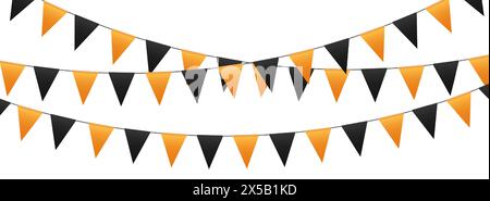 Drapeaux de fête d'Halloween, guirlande de drapeaux de guirlande, fanions orange et noirs suspendus à une corde. Illustration de Vecteur