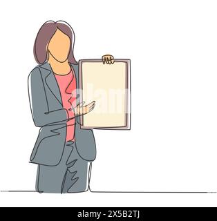 Dessin en ligne continu unique de la jeune femme présentateur présentant le lancement du nouveau produit à l'aide d'une tablette lors d'une réunion au bureau. Présentation de travail con Illustration de Vecteur