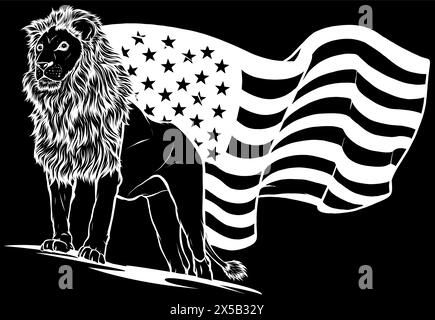 silhouette blanche de vecteur de visage de lion avec un visage de drapeau usa sur fond noir Illustration de Vecteur