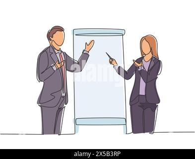 Dessin en ligne continue unique de jeunes hommes et femmes d'affaires heureux en train de parler devant la classe. Cours de coaching et concept de réunion un l Illustration de Vecteur