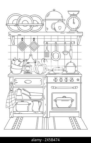 Home Kitchen Coloring Book pour adultes et enfants Illustration de Vecteur