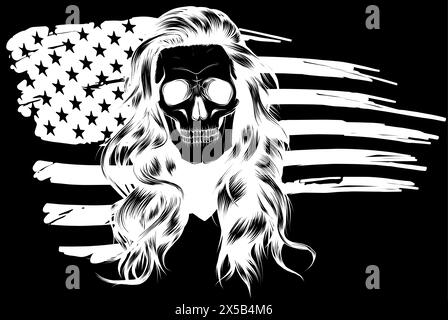 silhouette blanche de crâne de femme avec décor de drapeau américain sur fond noir. conception d'illustration vectorielle Illustration de Vecteur