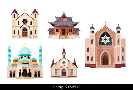 Église catholique et orthodoxe, temple bouddhiste, mosquée, bâtiments de synagogue. Illustration de Vecteur