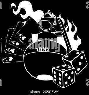 silhouette blanche de granate avec jeu de casino et flammes sur fond noir Illustration de Vecteur