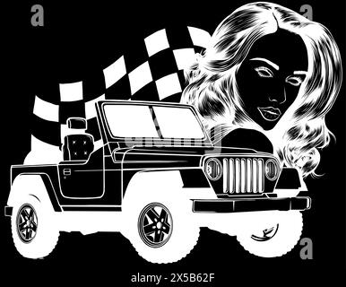 Silhouette blanche de jeep militaire sur fond noir, Silhouette de jeep, illustration vectorielle de l'icône du véhicule Illustration de Vecteur