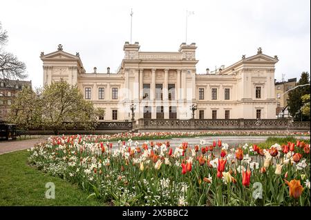 Un parterre de tulipes devant le bâtiment principal de l'Université de Lund, Lund, Suède, 6 mai 2024 Banque D'Images