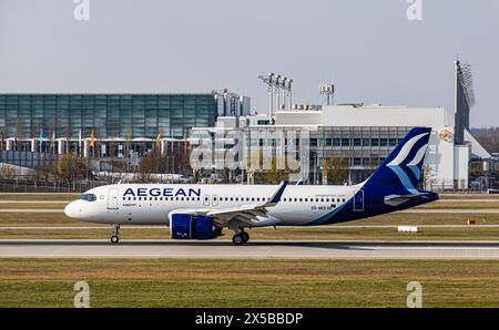 Aegean Airlines Ein Airbus A320-271N von Pegasus Airlines Landet auf der Südbahn des Flughafen München. Immatrikulation des Airbus A320neo SX-NEK. München, Deutschland, 06.04.2023 *** Aegean Airlines un Airbus A320 271N de Pegasus Airlines atterrit sur la piste sud de l'aéroport de Munich immatriculation de l'Airbus A320neo SX NEK Munich, Allemagne, 06 04 2023 Banque D'Images