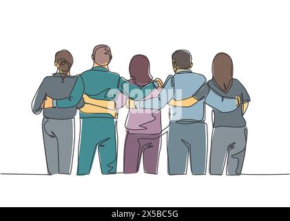 Ligne continue unique dessinant sur un groupe d'hommes et de femmes de position multi-ethnique et s'embrassant ensemble pour montrer leur lien d'unité. Amitié co Illustration de Vecteur