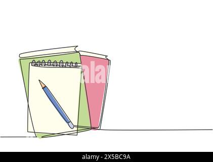 Dessin au trait continu simple d'un cahier ou d'un bloc-notes avec un crayon au-dessus du bureau de travail. Rédaction d'un brouillon d'affaires sur le concept de notes de bureau. Trendy One Line d Illustration de Vecteur