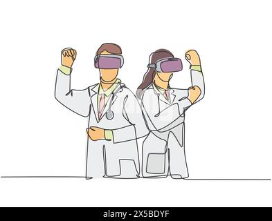 Un dessin en ligne continu de deux jeunes médecins, hommes et femmes, jouant au jeu d'aventure à l'aide de dispositifs de réalité virtuelle. Concept moderne de lecteur de jeux vidéo Illustration de Vecteur