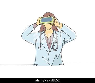 Un dessin d'une seule ligne de jeune femme médecin heureux regardant des données visuelles numériques à l'aide de lunettes de réalité virtuelle. Concept de joueur de jeu de technologie intelligente c Illustration de Vecteur