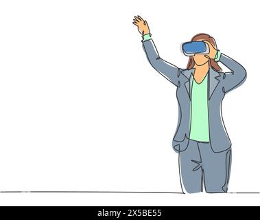 Un dessin simple ligne de jeune femme d'affaires de joueur heureux portant des lunettes de réalité virtuelle et pointant le doigt. Technologie intelligente jeu futuriste Playe Illustration de Vecteur