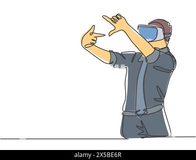 Dessin en ligne continue unique de jeune homme mouvement de travail formant la forme carrée de son doigt tout en jouant au jeu de réalité augmentée. Réalité virtuelle Illustration de Vecteur