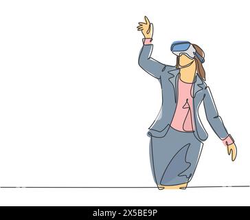 Un dessin simple ligne de jeune femme d'affaires de joueur heureux portant des lunettes de réalité virtuelle et pointant le doigt. Technologie intelligente jeu futuriste Illustration de Vecteur