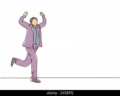 Un dessin continu d'une seule ligne de jeune homme d'affaires heureux poing sa main en l'air après avoir couru traverser la ligne d'arrivée. Concept de course d'affaires Sing Illustration de Vecteur