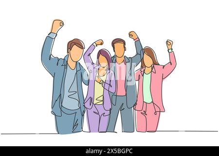 Dessin en ligne continue unique de jeune fondateur de la société heureuse prancing avec joie au bureau d'investisseur ensemble. Concept de célébration du travail d'équipe Illustration de Vecteur