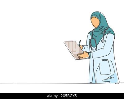 Un dessin en ligne de jeune médecin de muslimah arabe portant du hijab écrivant un rapport médical sur presse-papiers à l'hôpital. Concept de soins de santé médicaux co Illustration de Vecteur