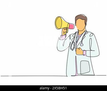 Dessin en ligne continue unique d'un jeune médecin mâle pointant vers un objet et tenant un haut-parleur de mégaphone à l'hôpital. Les travailleurs de la santé Illustration de Vecteur